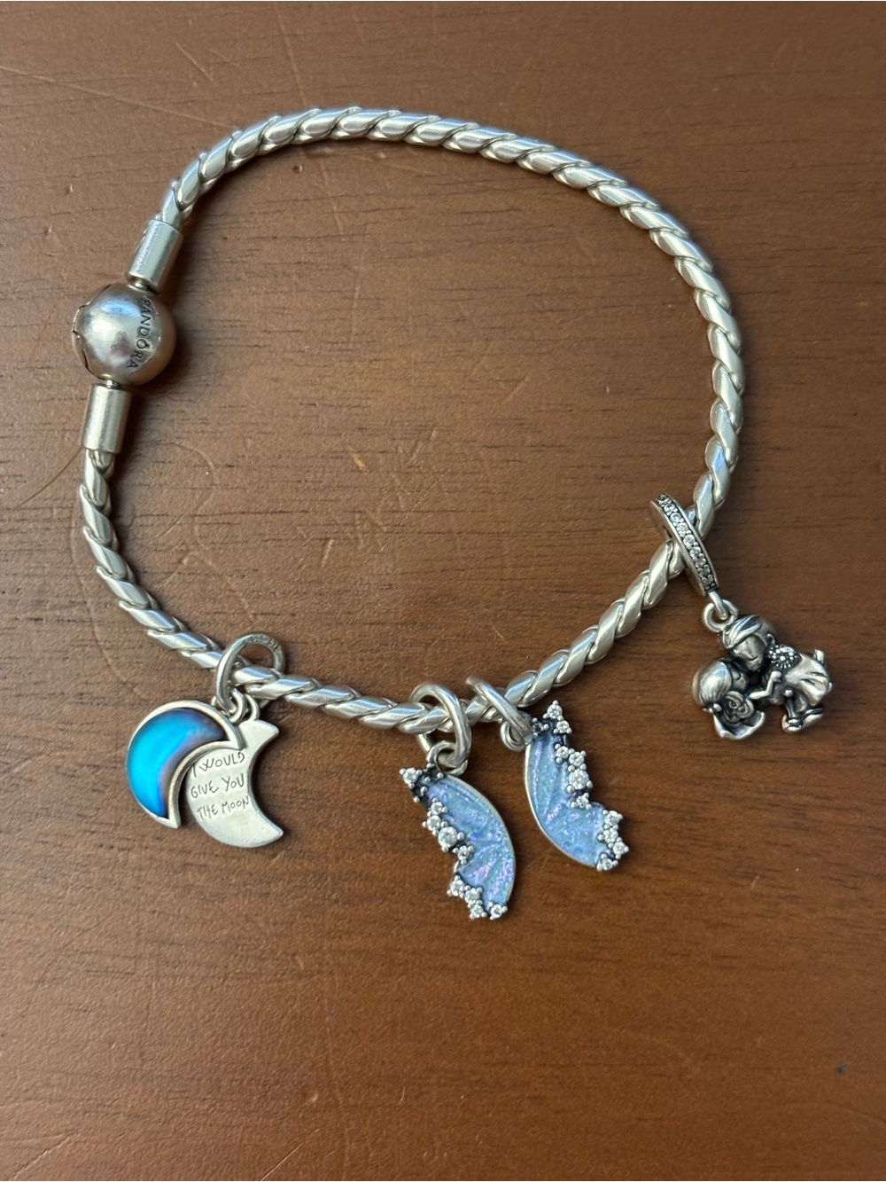 Pandora Silver Bracelet w/ Blue Moon, butterfly wings & Married couple charms